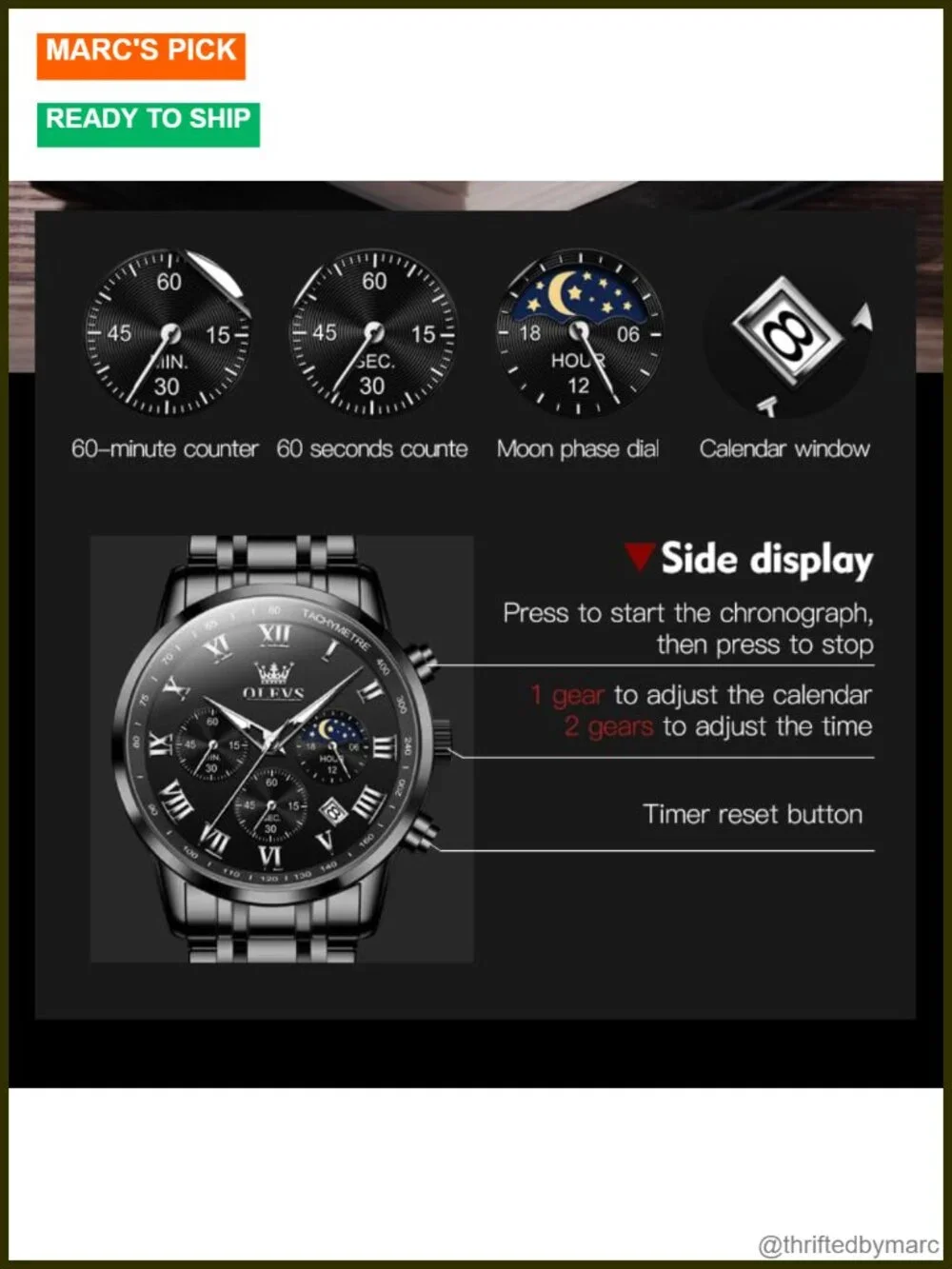 Men's Big Face Stainless Steel Quartz Chronograph Moon Phase Date Luminous